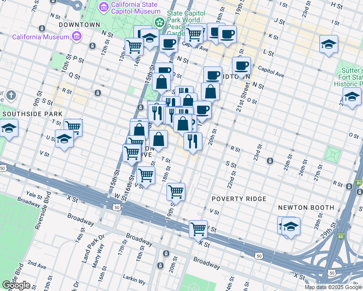 map of restaurants, bars, coffee shops, grocery stores, and more near 1814 18th Street in Sacramento