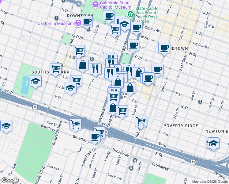 map of restaurants, bars, coffee shops, grocery stores, and more near 1917 15th Street in Sacramento