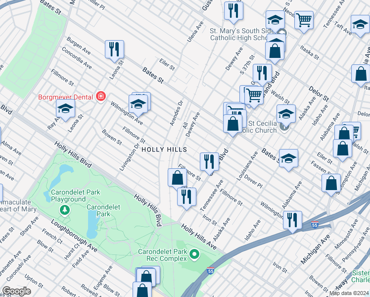 map of restaurants, bars, coffee shops, grocery stores, and more near 5815 Dewey Avenue in St. Louis