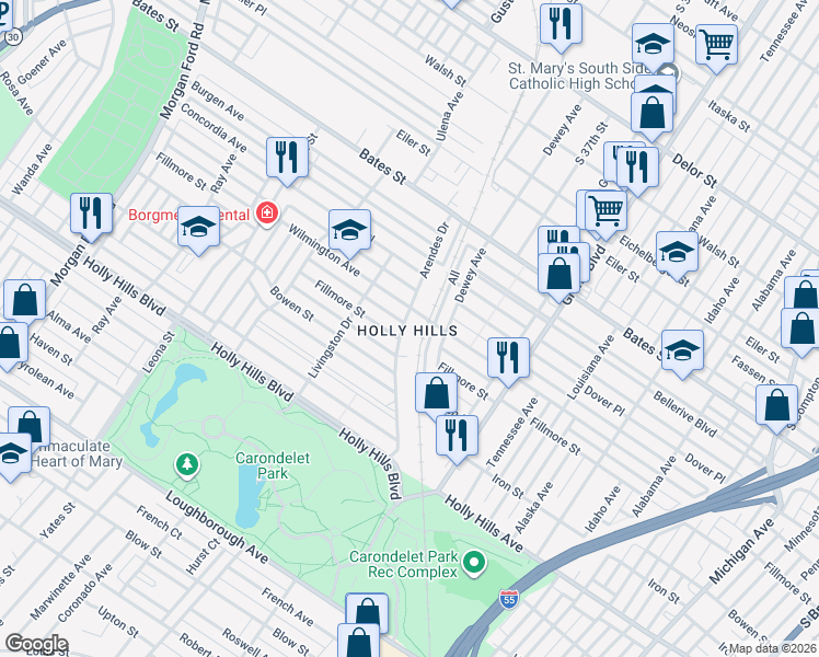 map of restaurants, bars, coffee shops, grocery stores, and more near 3800 Wilmington Avenue in St. Louis