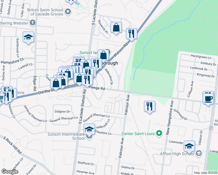 map of restaurants, bars, coffee shops, grocery stores, and more near 7960 Aldershot Drive in St. Louis