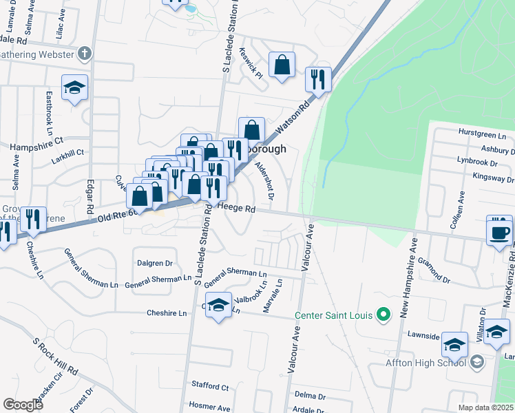 map of restaurants, bars, coffee shops, grocery stores, and more near 7935 Pembroke Drive in St. Louis