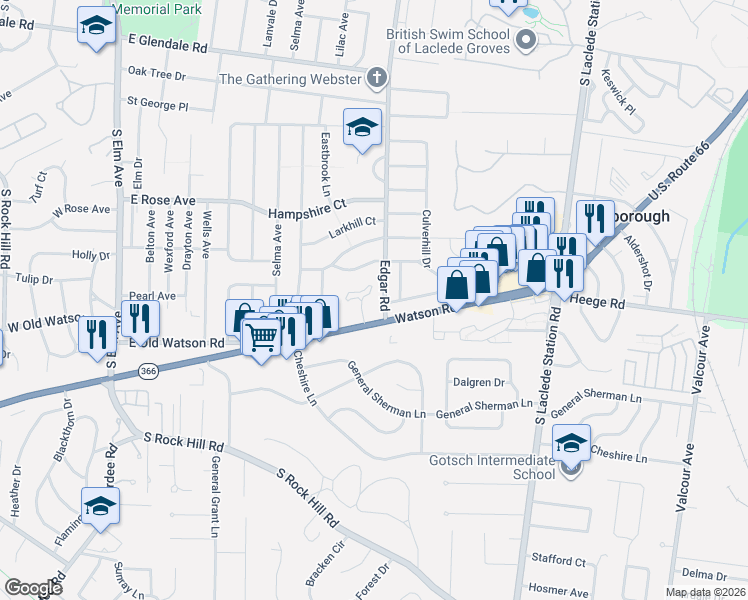 map of restaurants, bars, coffee shops, grocery stores, and more near 10 Girard Drive in Webster Groves