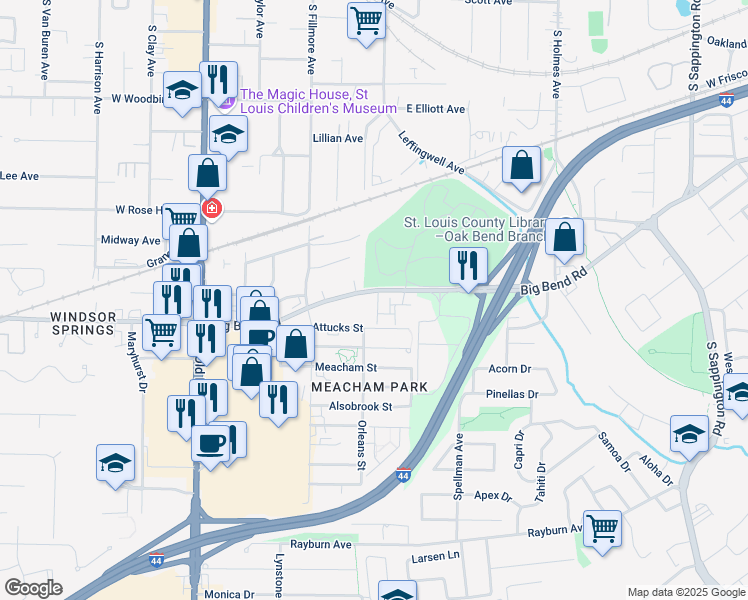 map of restaurants, bars, coffee shops, grocery stores, and more near 901-A Carriage Circle Lane in Kirkwood