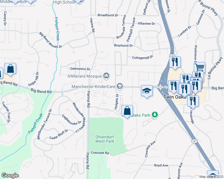 map of restaurants, bars, coffee shops, grocery stores, and more near 1218 Holgate Drive in Ballwin