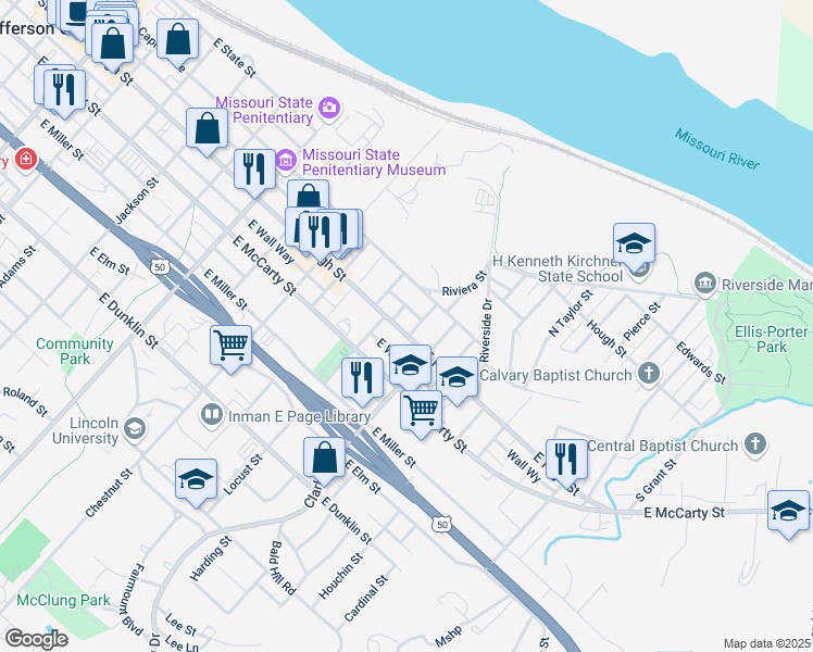 map of restaurants, bars, coffee shops, grocery stores, and more near 1117 Park Avenue in Jefferson City