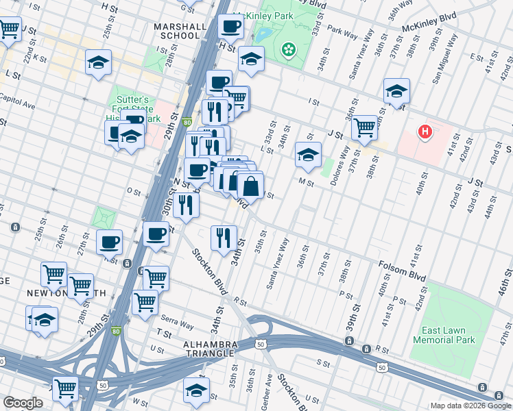 map of restaurants, bars, coffee shops, grocery stores, and more near 1430 33rd Street in Sacramento