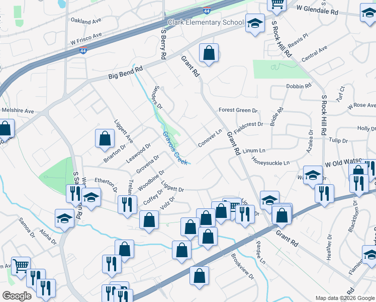 map of restaurants, bars, coffee shops, grocery stores, and more near 664 Clover Lane in St. Louis
