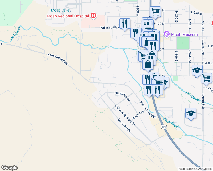 map of restaurants, bars, coffee shops, grocery stores, and more near 443 Kane Creek Boulevard in Moab