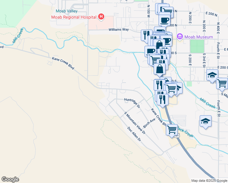 map of restaurants, bars, coffee shops, grocery stores, and more near 443 Kane Creek Boulevard in Moab