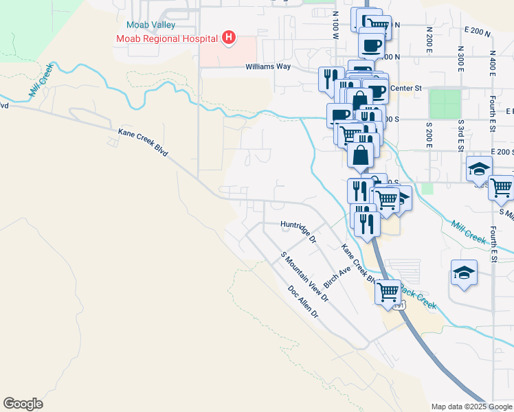 map of restaurants, bars, coffee shops, grocery stores, and more near 443 Kane Creek Boulevard in Moab