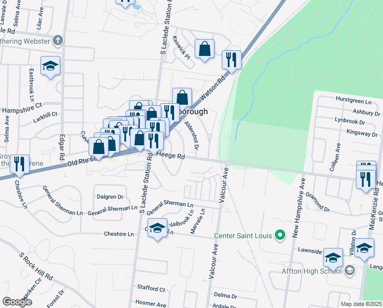 map of restaurants, bars, coffee shops, grocery stores, and more near 7960 Aldershot Drive in St. Louis