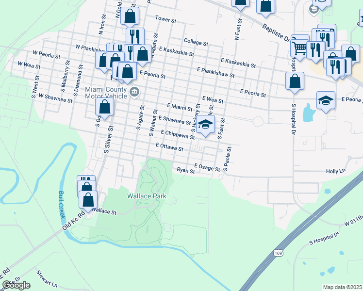 map of restaurants, bars, coffee shops, grocery stores, and more near 401 East Chippewa Street in Paola
