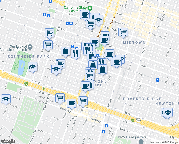 map of restaurants, bars, coffee shops, grocery stores, and more near 1505 T Street in Sacramento