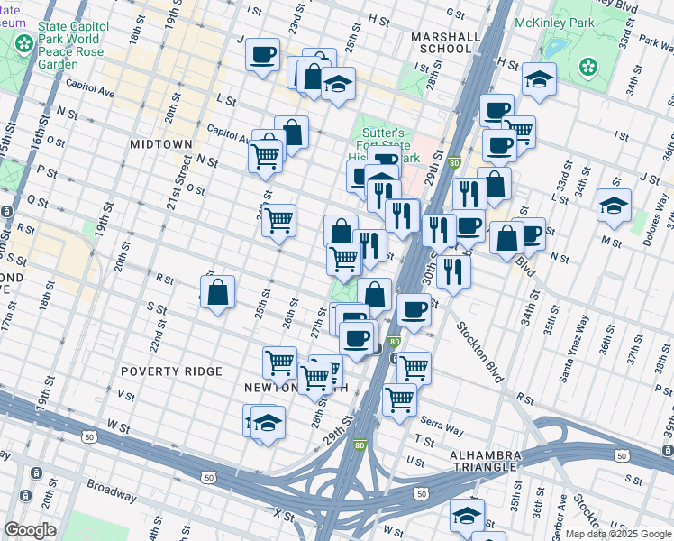 map of restaurants, bars, coffee shops, grocery stores, and more near P Street & 27th Street in Sacramento