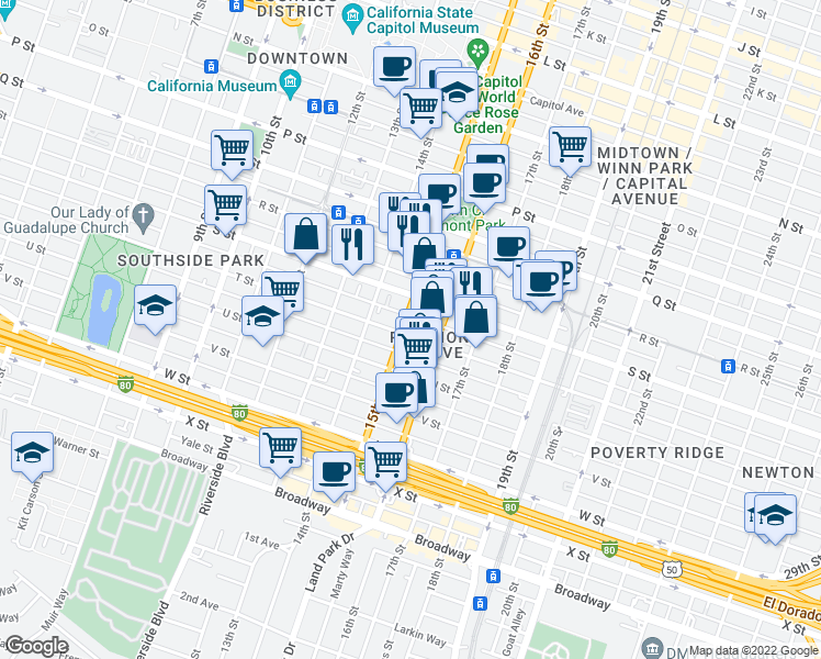 map of restaurants, bars, coffee shops, grocery stores, and more near 1501 T Street in Sacramento