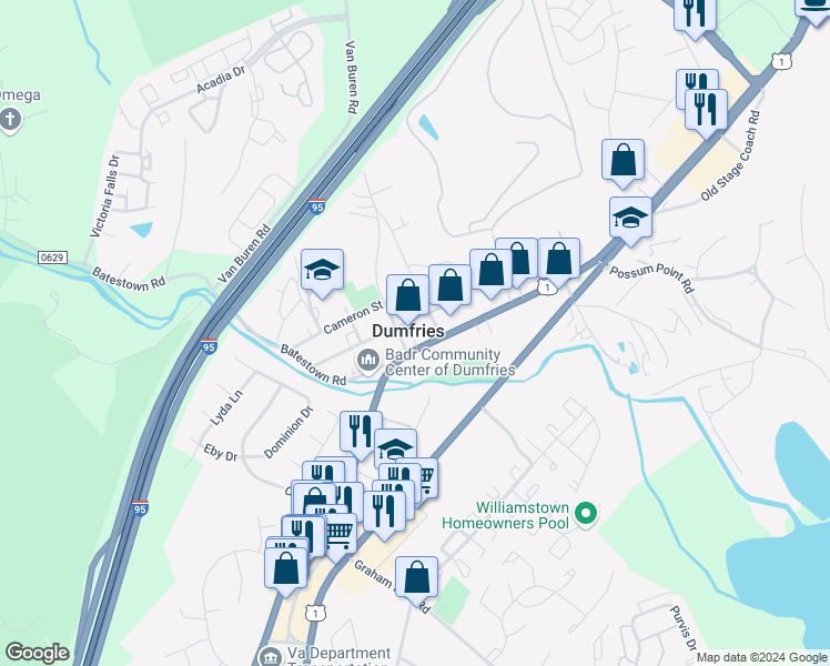 map of restaurants, bars, coffee shops, grocery stores, and more near 17733 Confederate Court in Dumfries