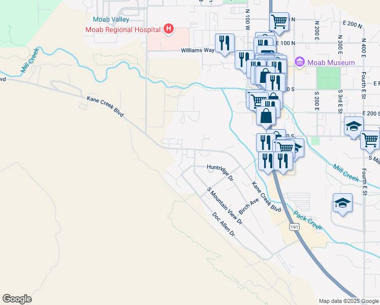map of restaurants, bars, coffee shops, grocery stores, and more near 443 Kane Creek Boulevard in Moab