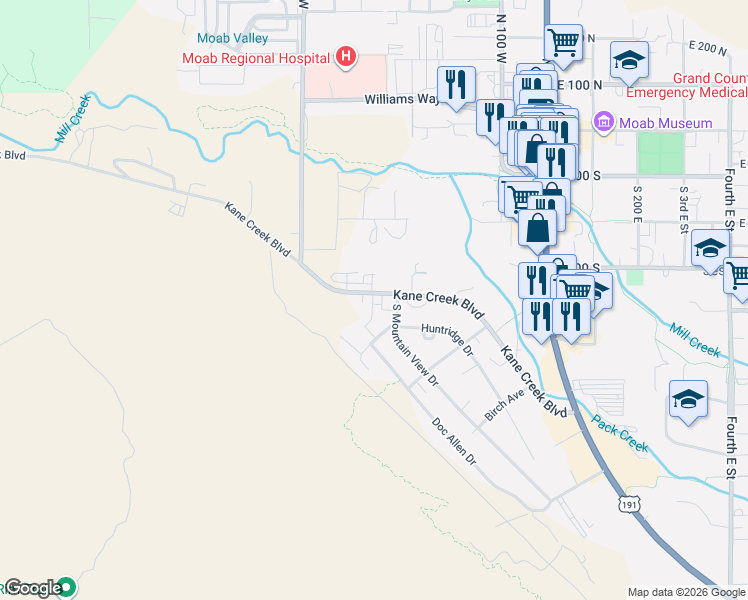 map of restaurants, bars, coffee shops, grocery stores, and more near 443 Kane Creek Boulevard in Moab