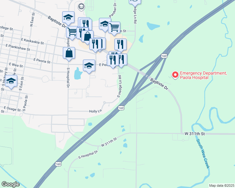map of restaurants, bars, coffee shops, grocery stores, and more near 54 Holly Lane in Paola