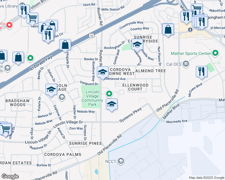 map of restaurants, bars, coffee shops, grocery stores, and more near 3435 Routier Road in Sacramento