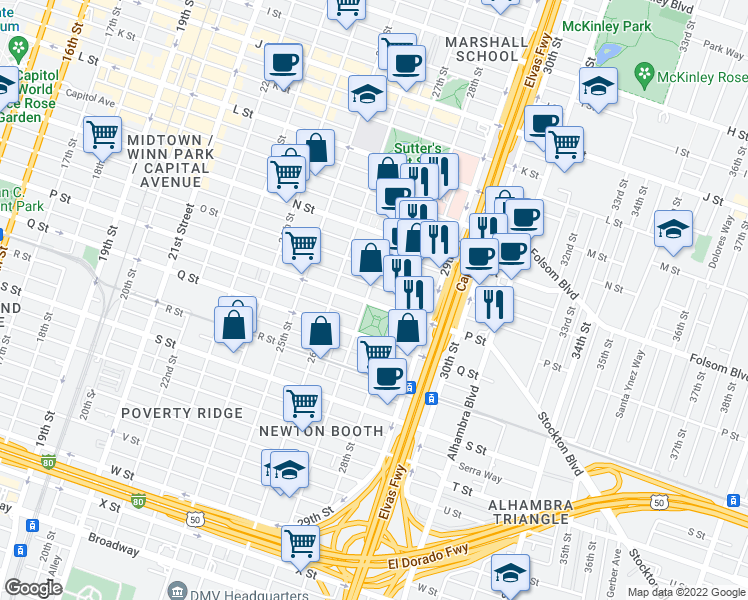 map of restaurants, bars, coffee shops, grocery stores, and more near 1517 27th Street in Sacramento