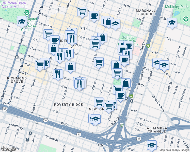 map of restaurants, bars, coffee shops, grocery stores, and more near 1617 24th Street in Sacramento