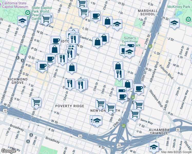 map of restaurants, bars, coffee shops, grocery stores, and more near 1617 24th Street in Sacramento