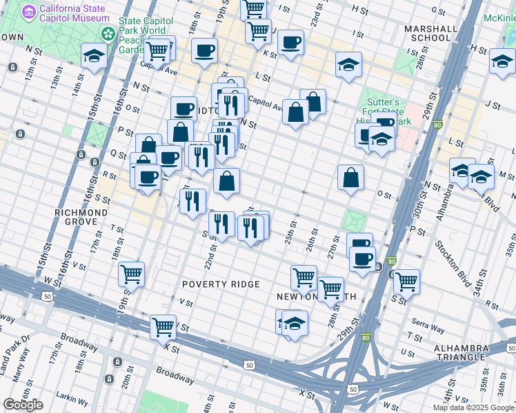 map of restaurants, bars, coffee shops, grocery stores, and more near 2301 Q Street in Sacramento
