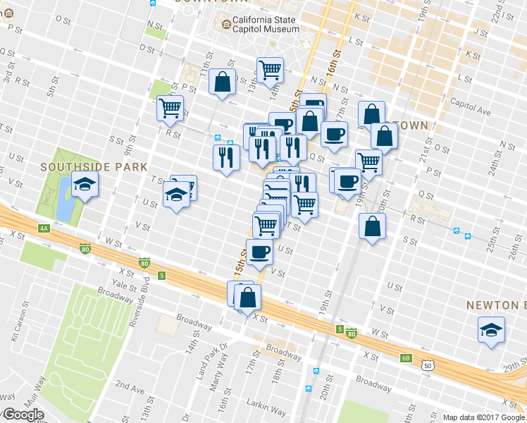 map of restaurants, bars, coffee shops, grocery stores, and more near 1917 15th Street in Sacramento