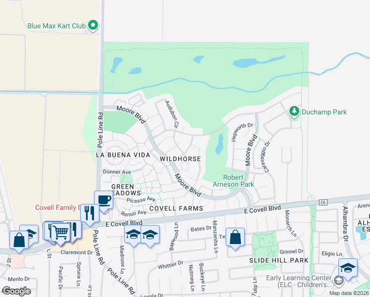 map of restaurants, bars, coffee shops, grocery stores, and more near 2520 Hartley Street in Davis