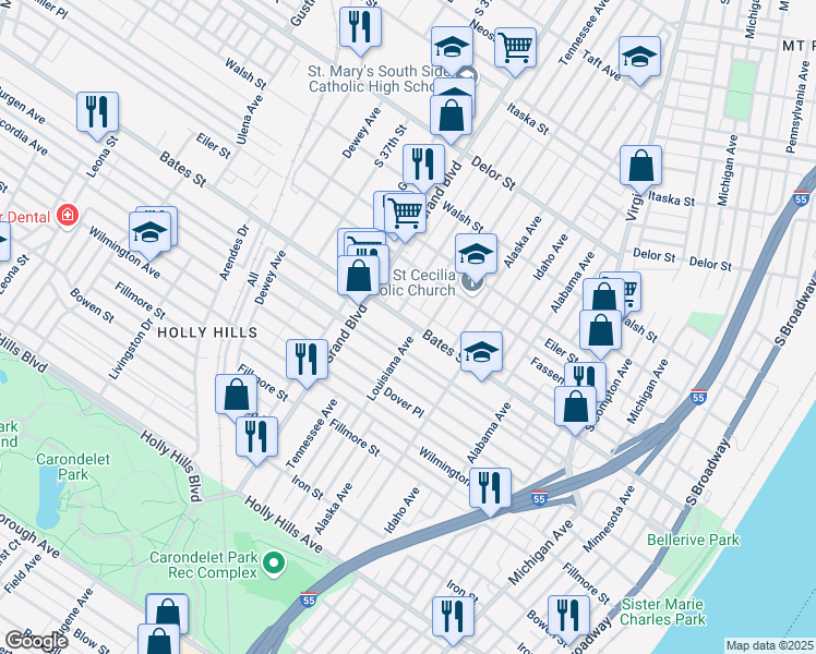 map of restaurants, bars, coffee shops, grocery stores, and more near 1032 Bates Street in St. Louis
