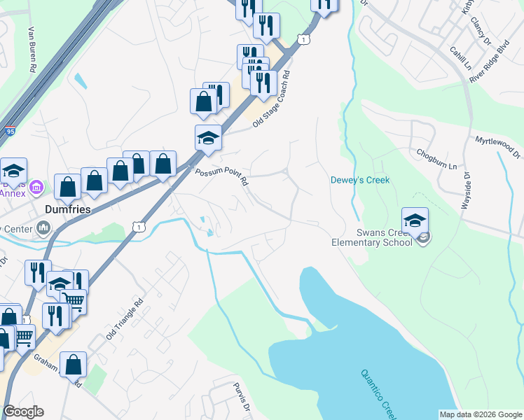 map of restaurants, bars, coffee shops, grocery stores, and more near 17736 Possum Point Road in Dumfries