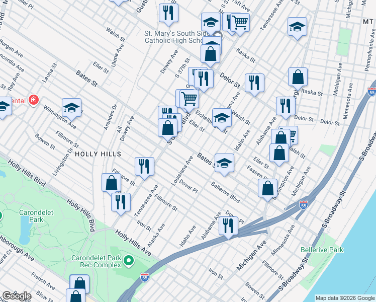 map of restaurants, bars, coffee shops, grocery stores, and more near 1032 Bates Street in St. Louis