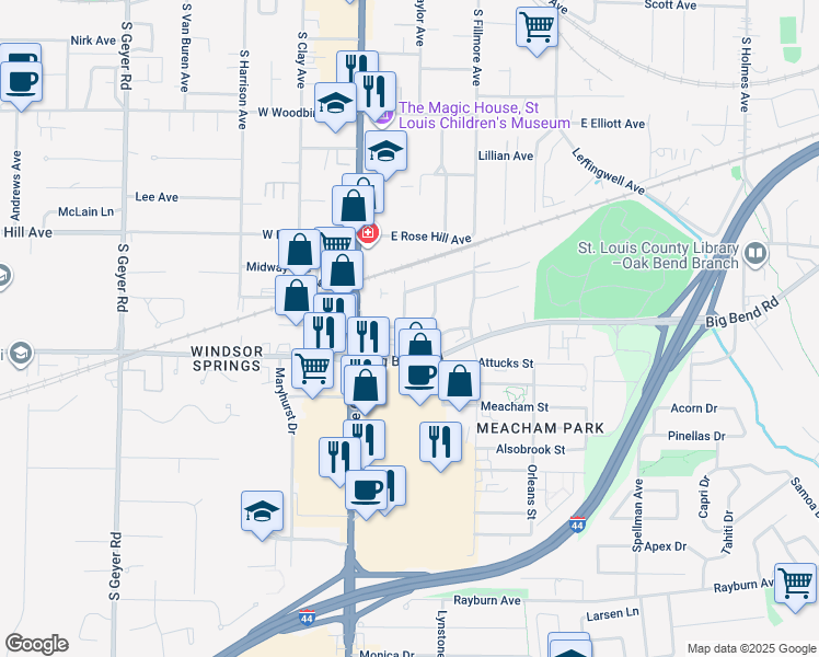 map of restaurants, bars, coffee shops, grocery stores, and more near 940 South Taylor Avenue in Kirkwood