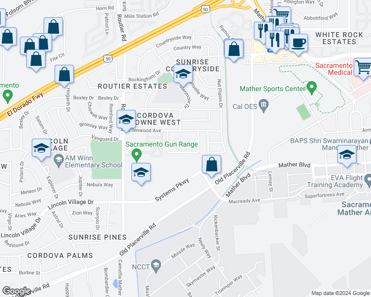 map of restaurants, bars, coffee shops, grocery stores, and more near 3472 Wildwind Court in Sacramento