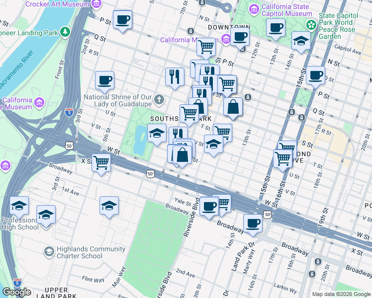 map of restaurants, bars, coffee shops, grocery stores, and more near 2116 10th Street in Sacramento