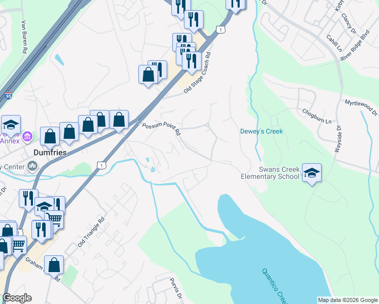 map of restaurants, bars, coffee shops, grocery stores, and more near 17736 Possum Point Road in Dumfries