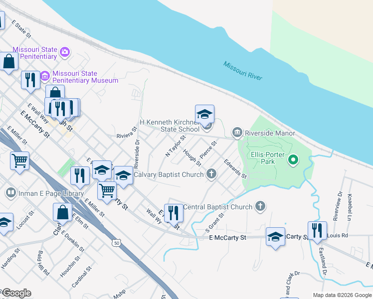 map of restaurants, bars, coffee shops, grocery stores, and more near 201 McKinley Street in Jefferson City