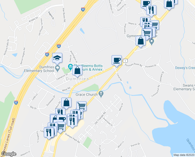 map of restaurants, bars, coffee shops, grocery stores, and more near 17721 Main Street in Dumfries