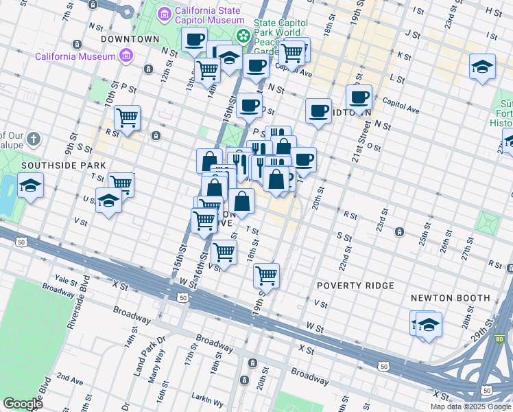 map of restaurants, bars, coffee shops, grocery stores, and more near 1717 S Street in Sacramento