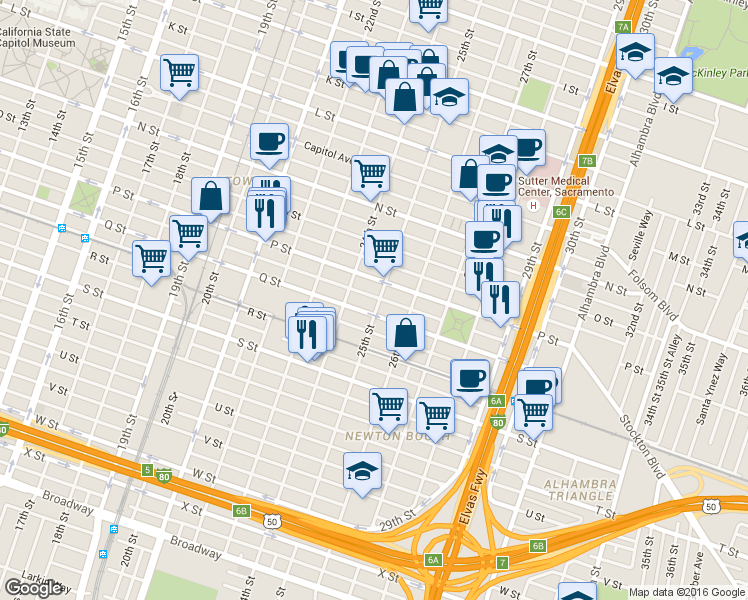 map of restaurants, bars, coffee shops, grocery stores, and more near 2500 P Street in Sacramento