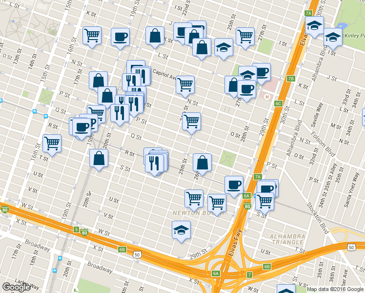 map of restaurants, bars, coffee shops, grocery stores, and more near 1617 24th Street in Sacramento