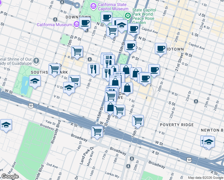 map of restaurants, bars, coffee shops, grocery stores, and more near 1917 15th Street in Sacramento