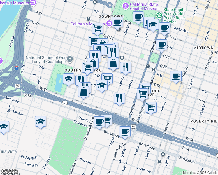 map of restaurants, bars, coffee shops, grocery stores, and more near 2013 12th Street in Sacramento