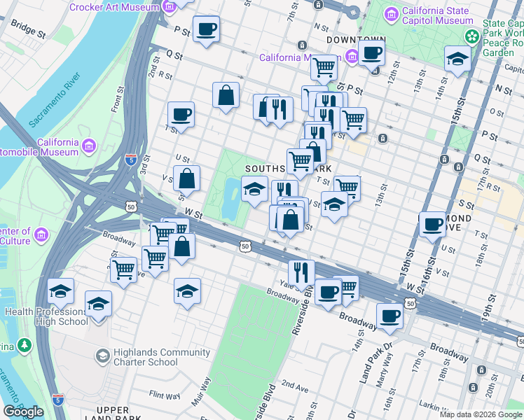 map of restaurants, bars, coffee shops, grocery stores, and more near 2131 8th Street in Sacramento