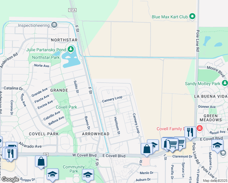 map of restaurants, bars, coffee shops, grocery stores, and more near 989 Pierce Lane in Davis