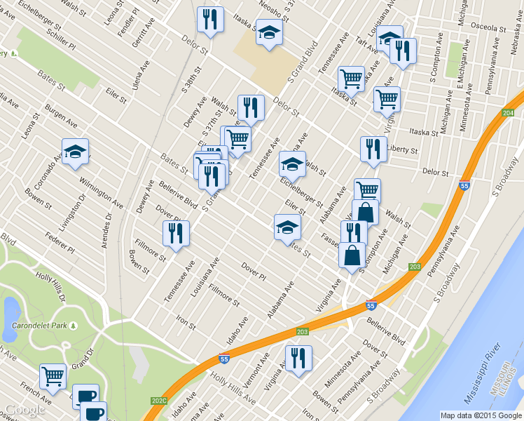 map of restaurants, bars, coffee shops, grocery stores, and more near 5529 Louisiana Avenue in St. Louis