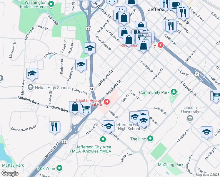 map of restaurants, bars, coffee shops, grocery stores, and more near 110 E Franklin St in Jefferson City