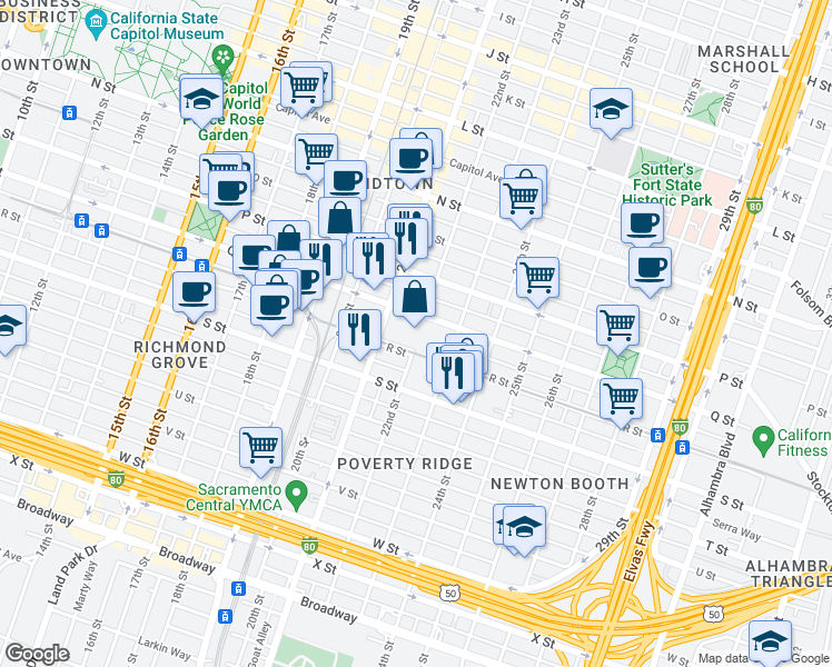 map of restaurants, bars, coffee shops, grocery stores, and more near 2100 Q Street in Sacramento